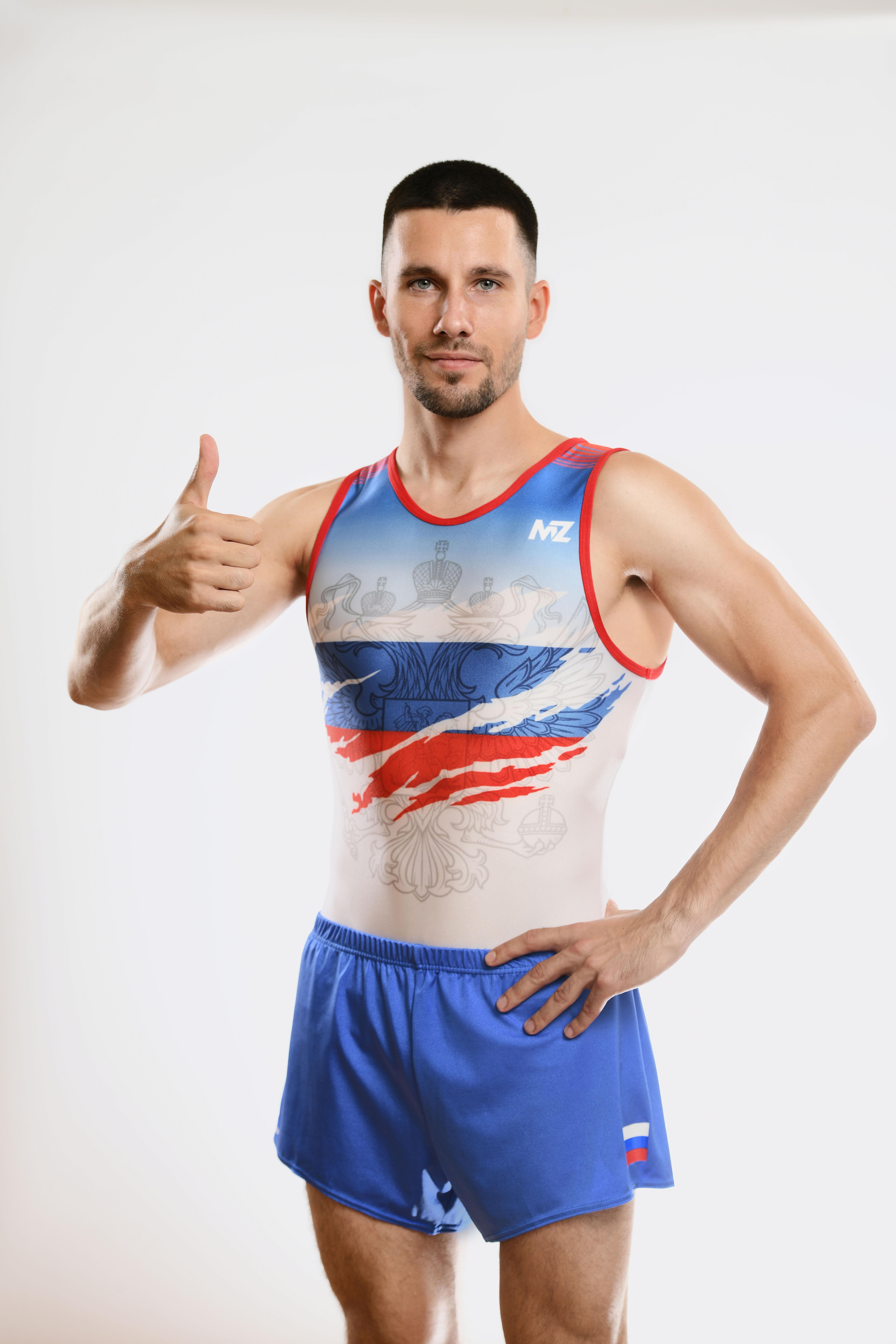 Купальник мужской для спортивной гимнастики GK Sport MZ 201-8 белый с красно-синим рисунком без рукава