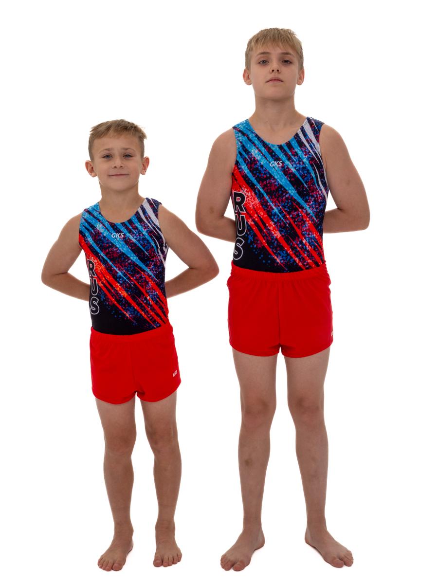 Купальник мужской для спортивной гимнастики GK Sport RUS 201-13 черный с красно-синим рисунком без рукава