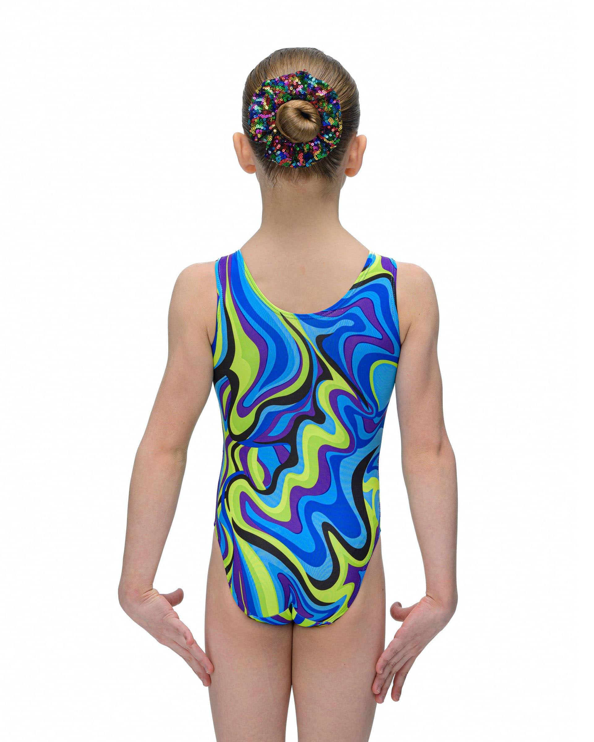 Купальник женский для спортивной гимнастики GK Sport 134 Майами синий с салатовыми разводами без рукава