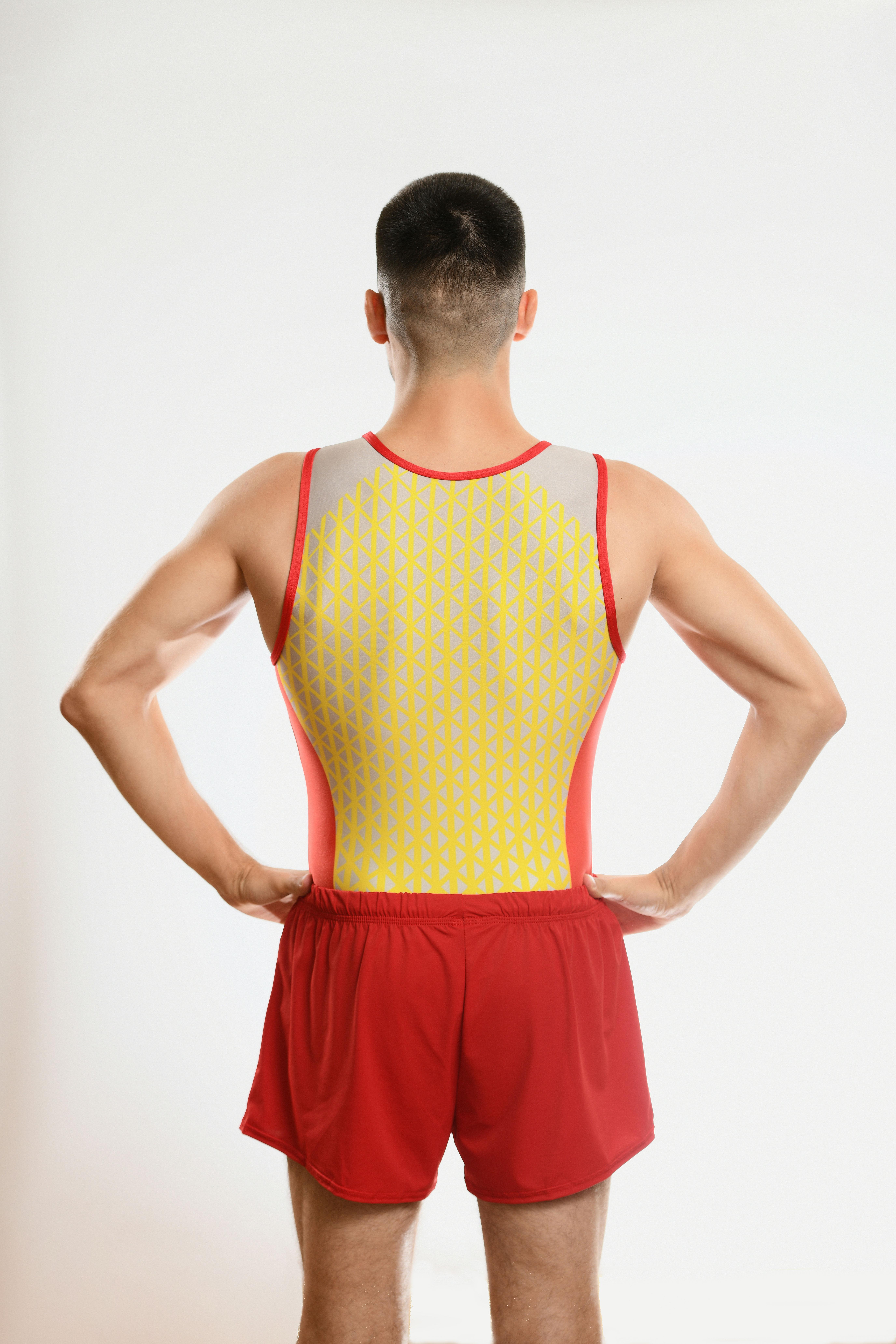 Купальник мужской для спортивной гимнастики GK Sport MZ 0201-6 белый с красным кантом без рукава