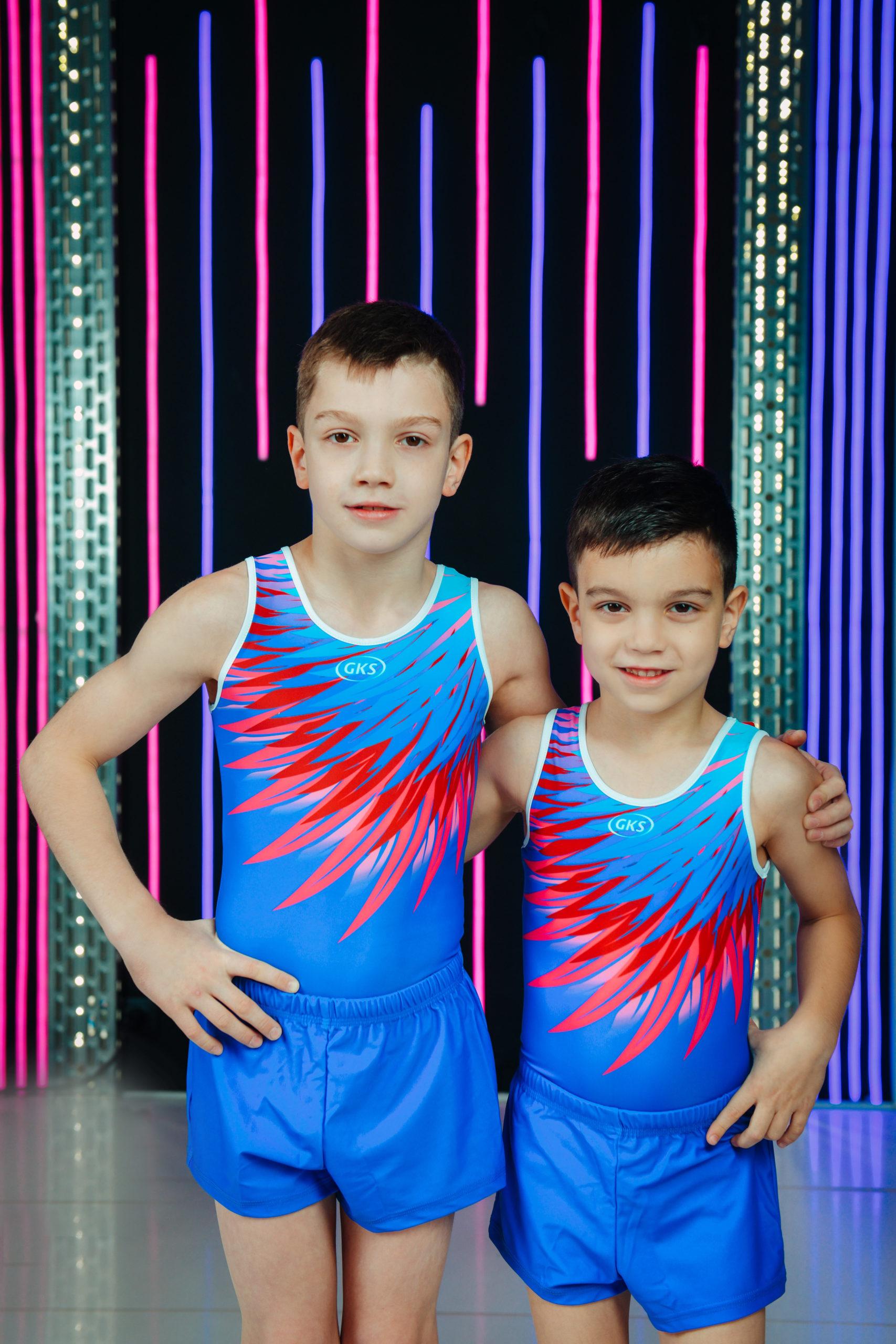 Купальник мужской для спортивной гимнастики GK Sport 201-7 PLUMAGE синий с красным рисунком без рукава