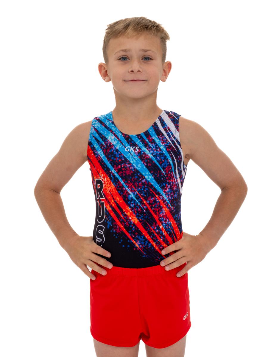 Купальник мужской для спортивной гимнастики GK Sport RUS 201-13 черный с красно-синим рисунком без рукава