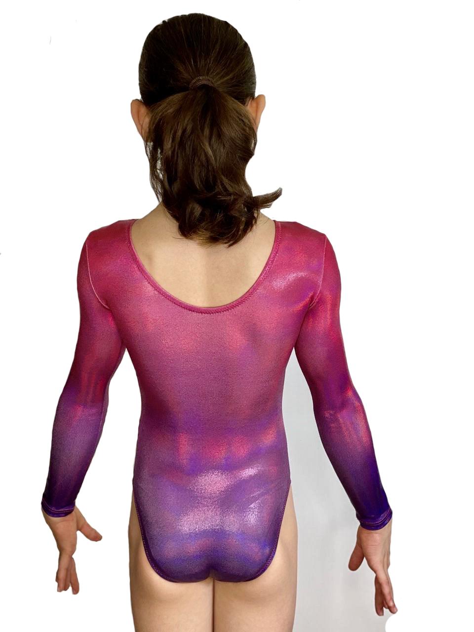 Купальник женский для спортивной гимнастики GK Sport Cherry Berry 310 градиент с переходом из фиолетового в малиновый с рукавом