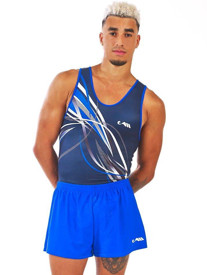 Купальник мужской для спортивной гимнастики Christian Moreau Chrome серо-синий с белыми полосками без рукава