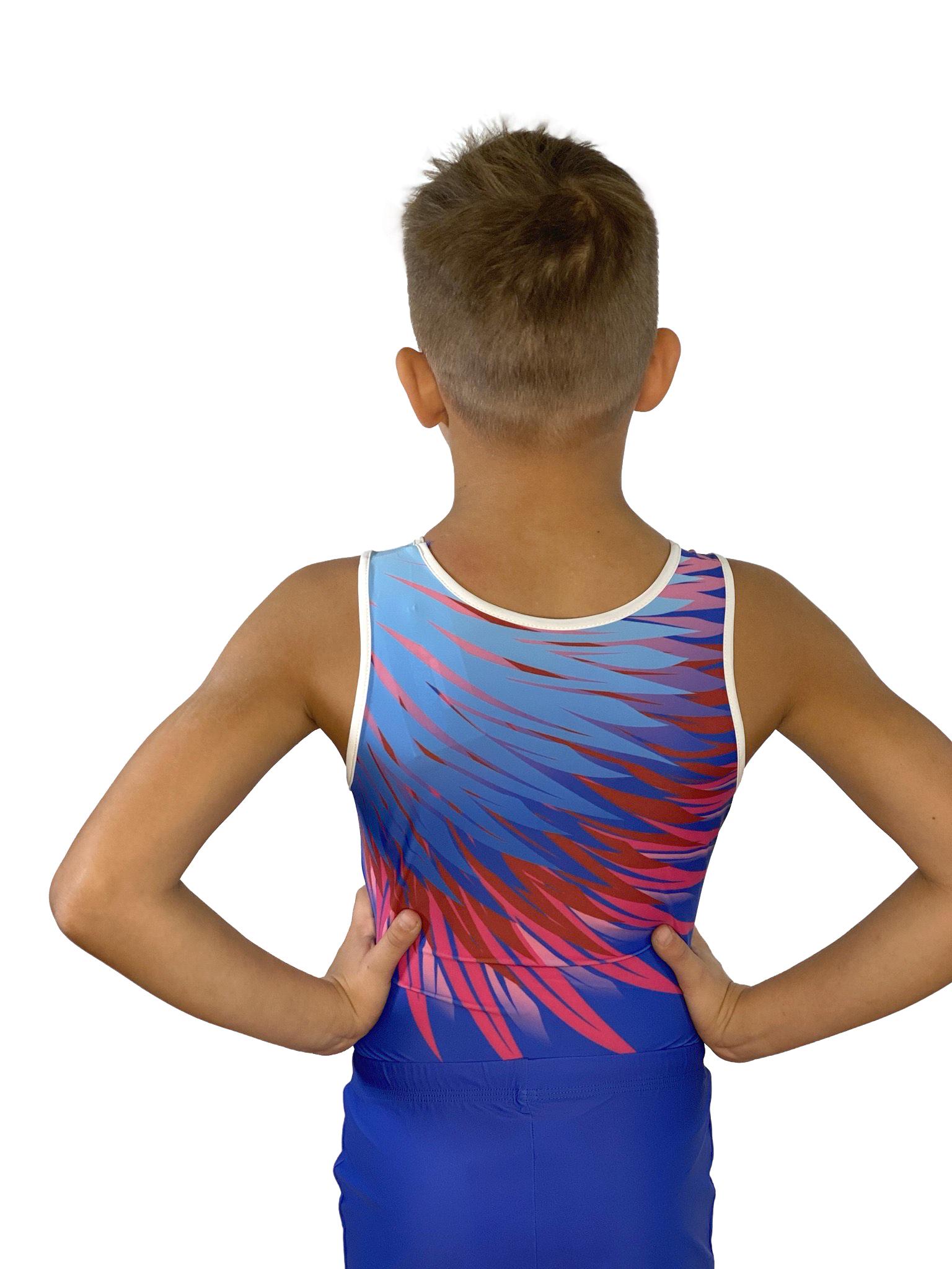 Купальник мужской для спортивной гимнастики GK Sport 201-7 PLUMAGE синий с красным рисунком без рукава