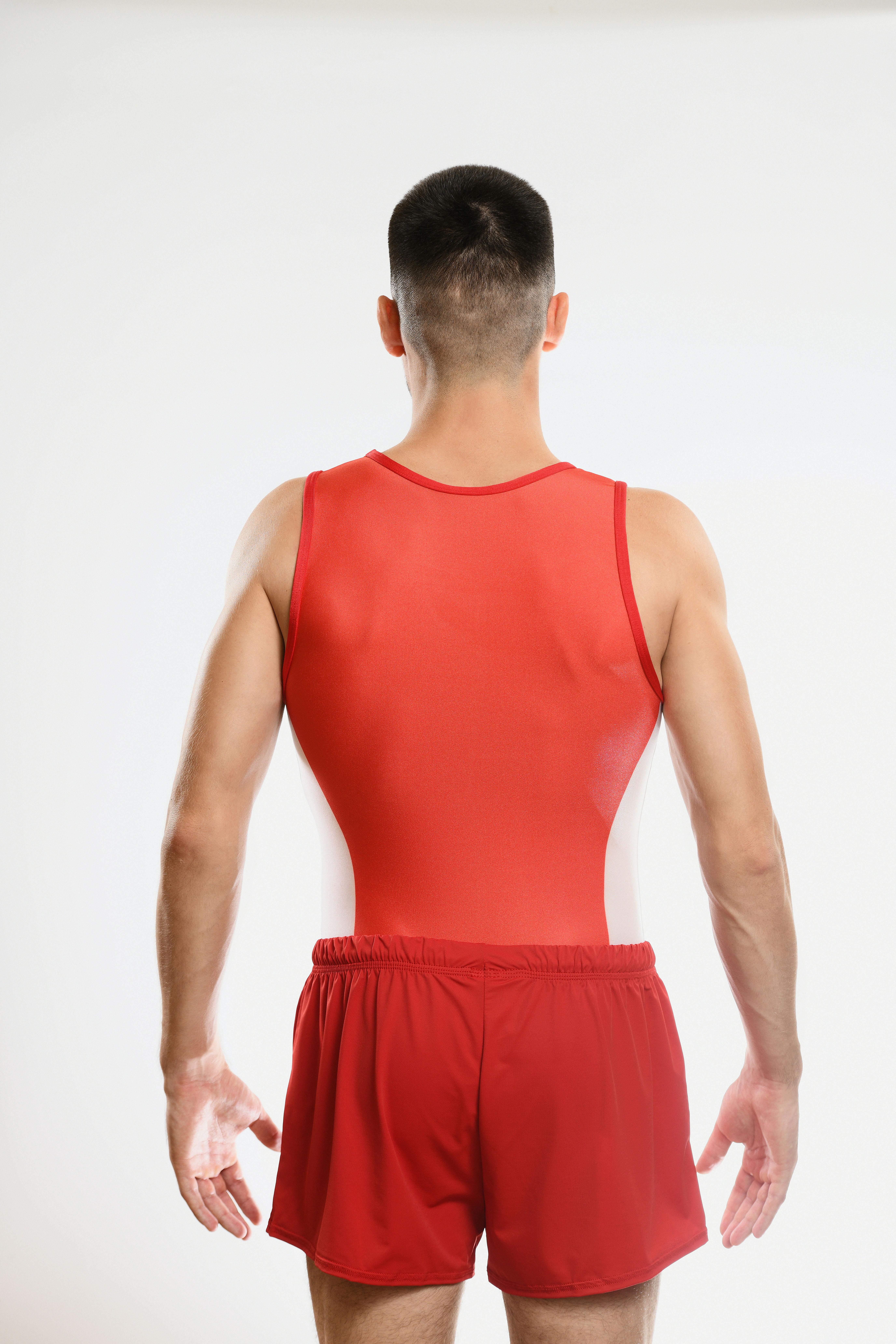 Купальник мужской для спортивной гимнастики GK Sport MZ 201-8 белый с красно-синим рисунком без рукава