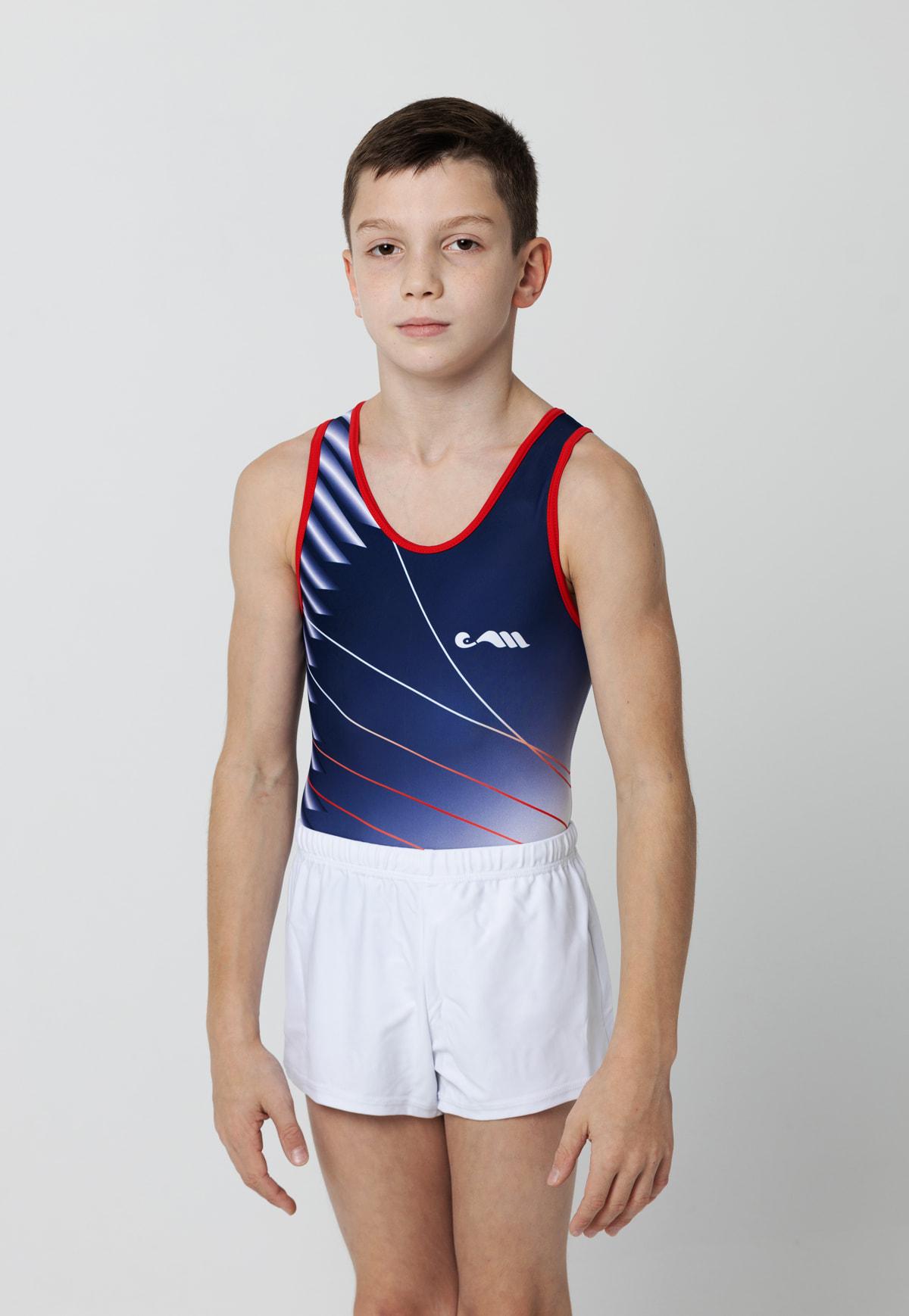 Купальник мужской для спортивной гимнастики Christian Moreau Acier 4990 темно-фиолетовый с белыми полосками без рукава