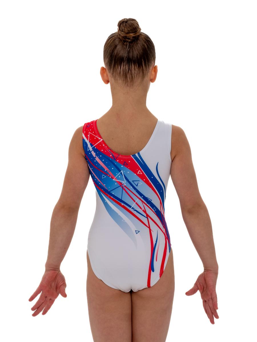 Купальник женский для спортивной гимнастики GK Sport RUS 0202-26 белый с красно-синим рисунком без рукава