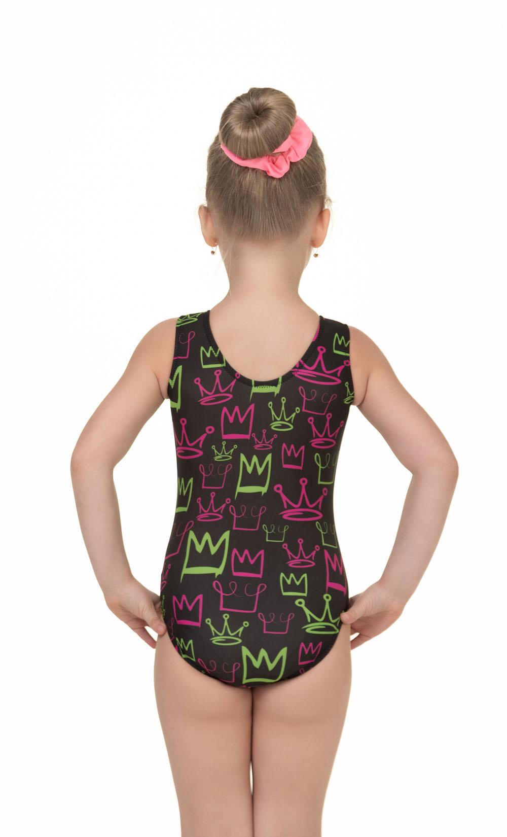Купальник женский для спортивной гимнастики GK Sport DS 202-2 CROWN черный с цветным рисунком без рукава