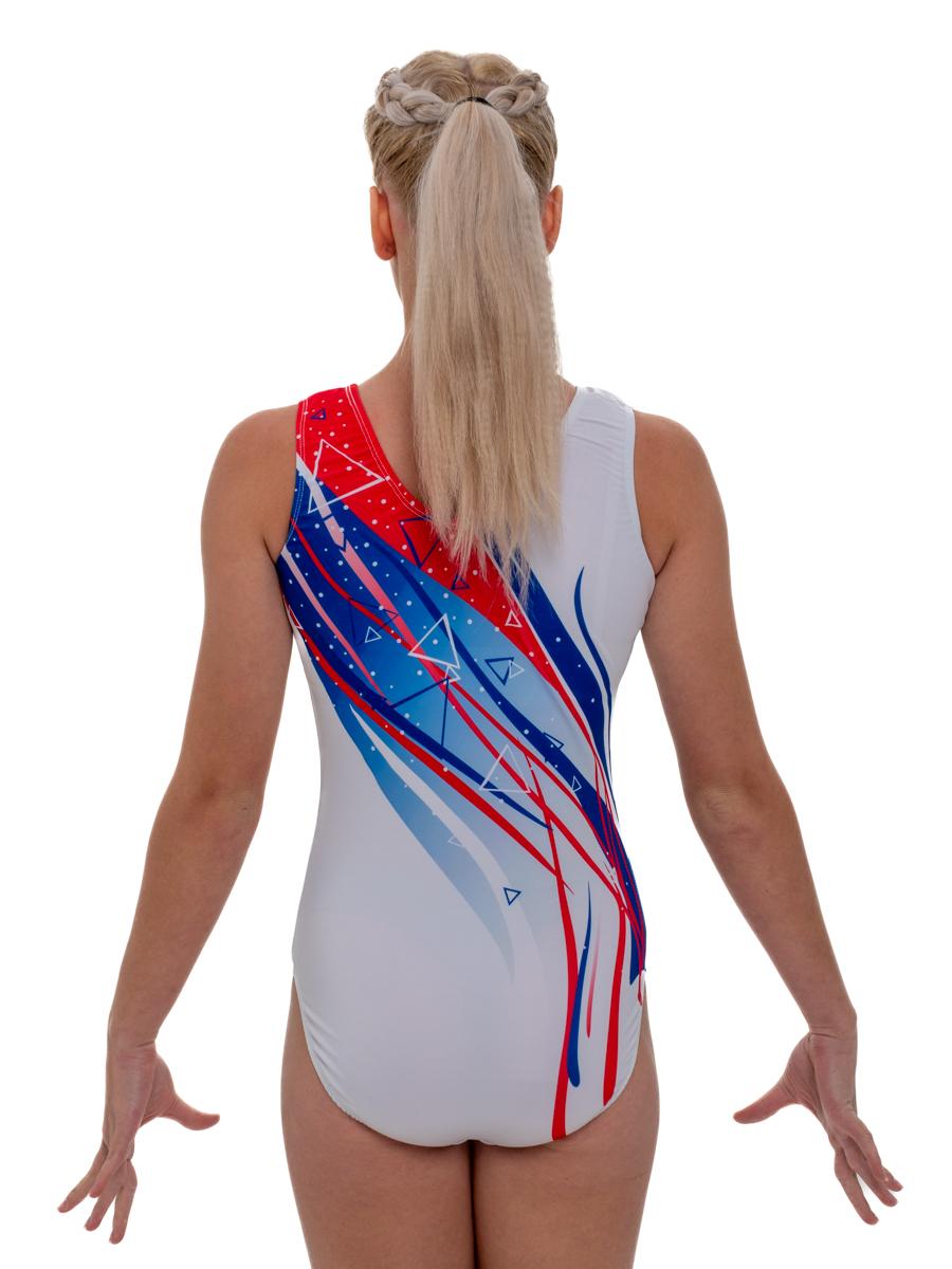 Купальник женский для спортивной гимнастики GK Sport RUS 0202-26 белый с красно-синим рисунком без рукава