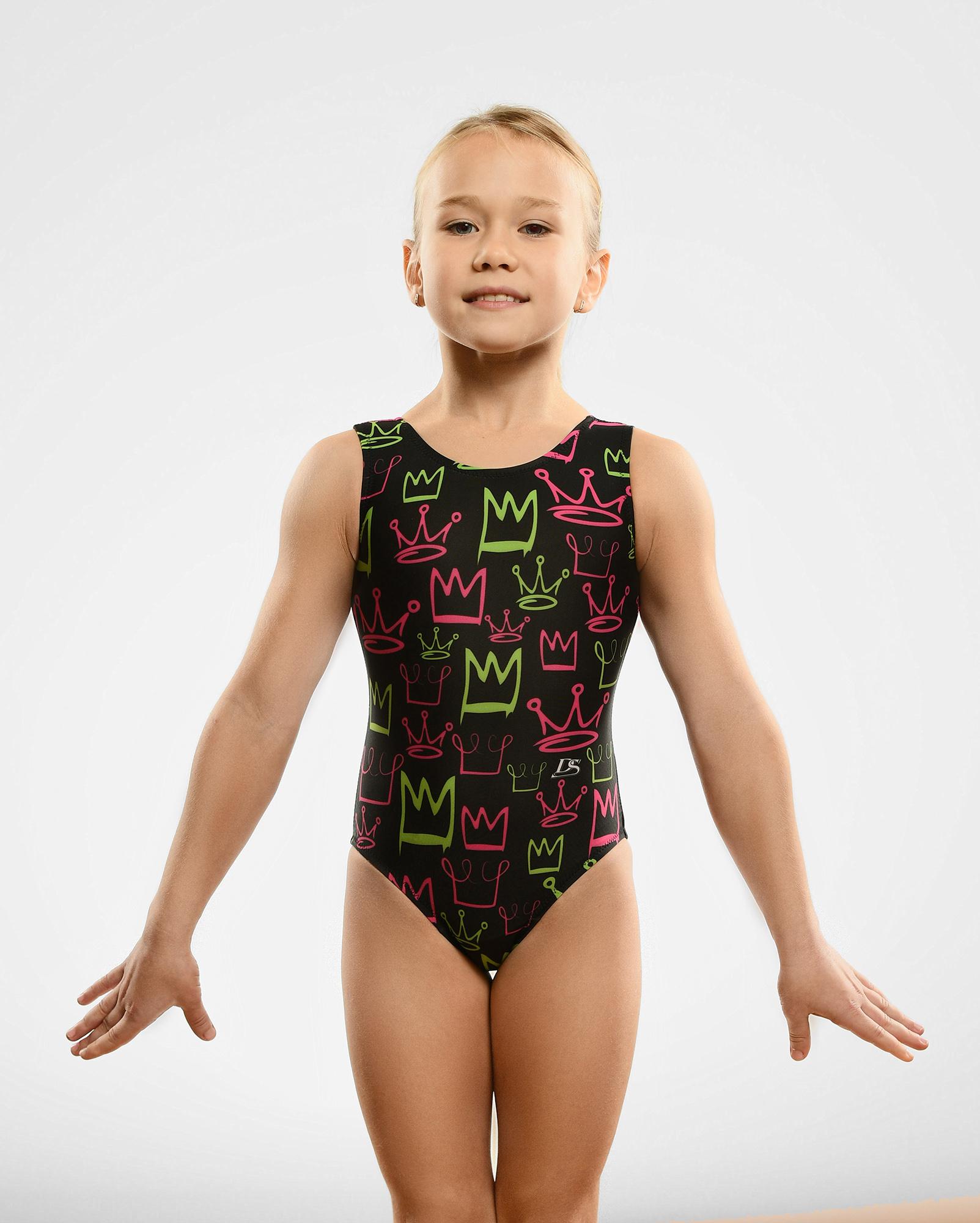 Купальник женский для спортивной гимнастики GK Sport DS 202-2 CROWN черный с цветным рисунком без рукава