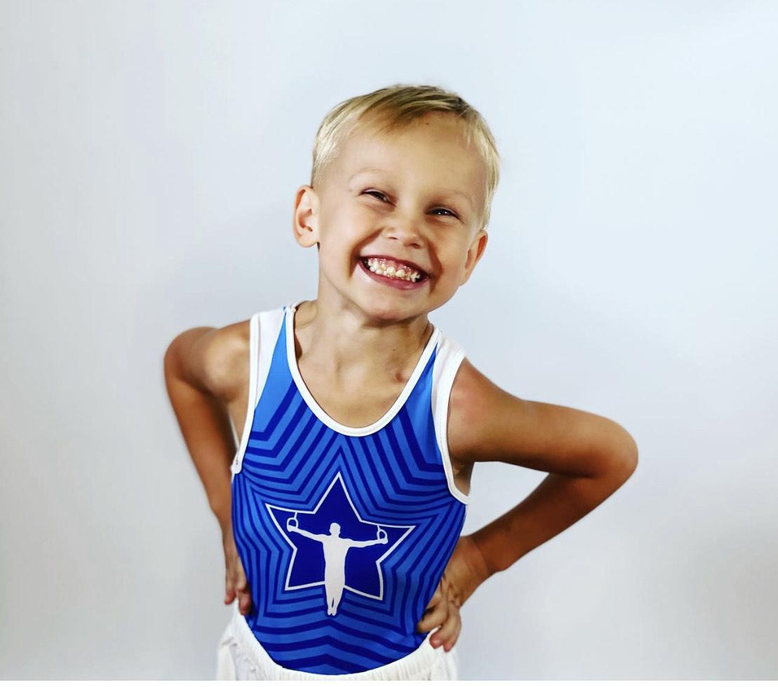 Купальник мужской для спортивной гимнастики GK Sport 201-2 Звездочка бело-голубой без рукава