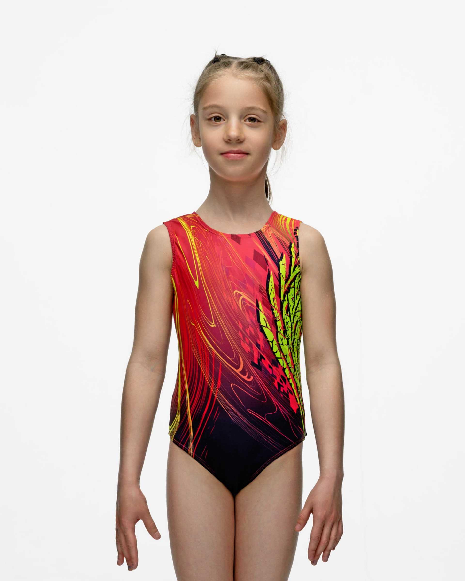 Купальник женский для спортивной гимнастики GK Sport 0133 жар-птица красный с черным без рукава