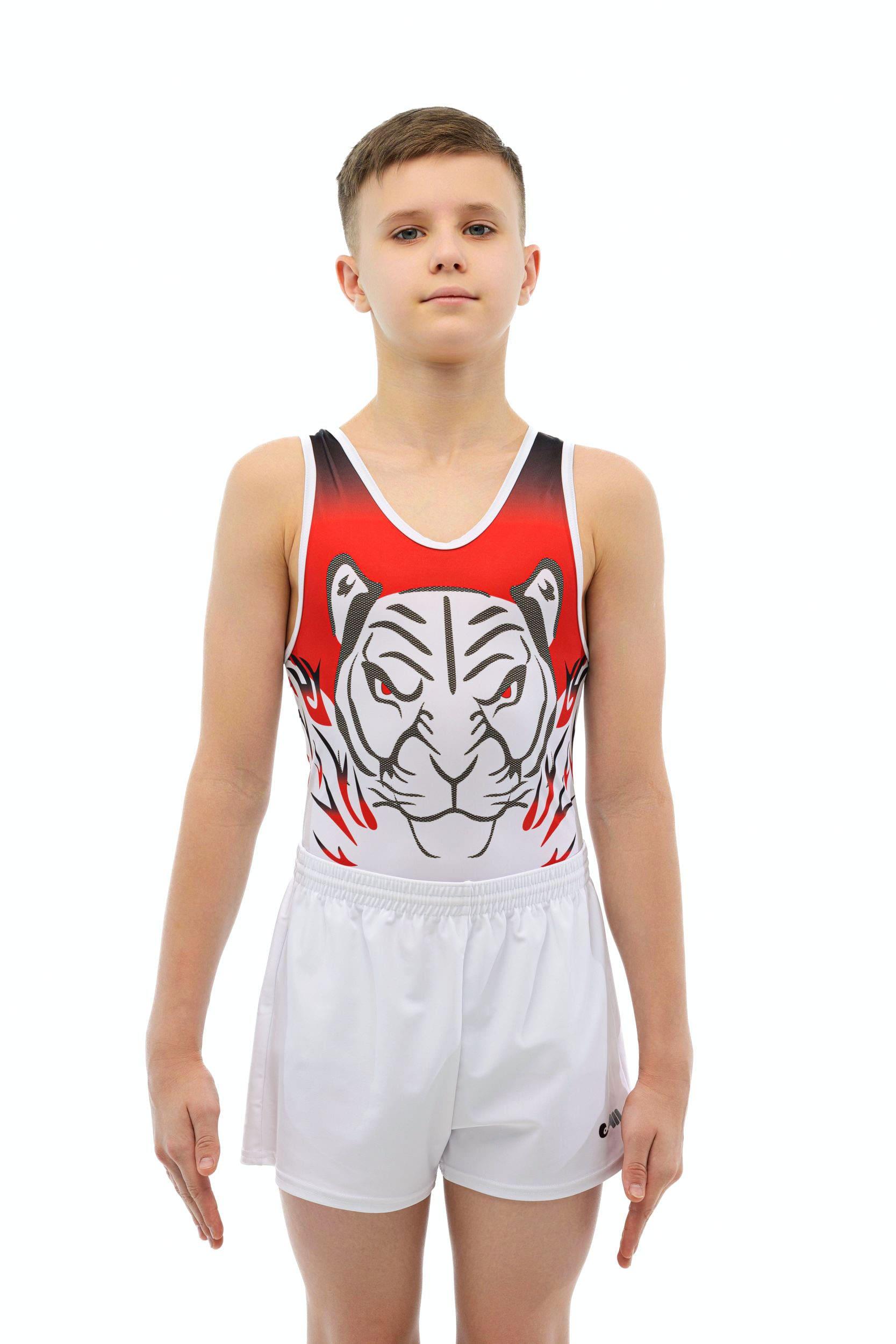 Купальник мужской для спортивной гимнастики Christian Moreau 4959 красно-черный с белым рисунком без рукава