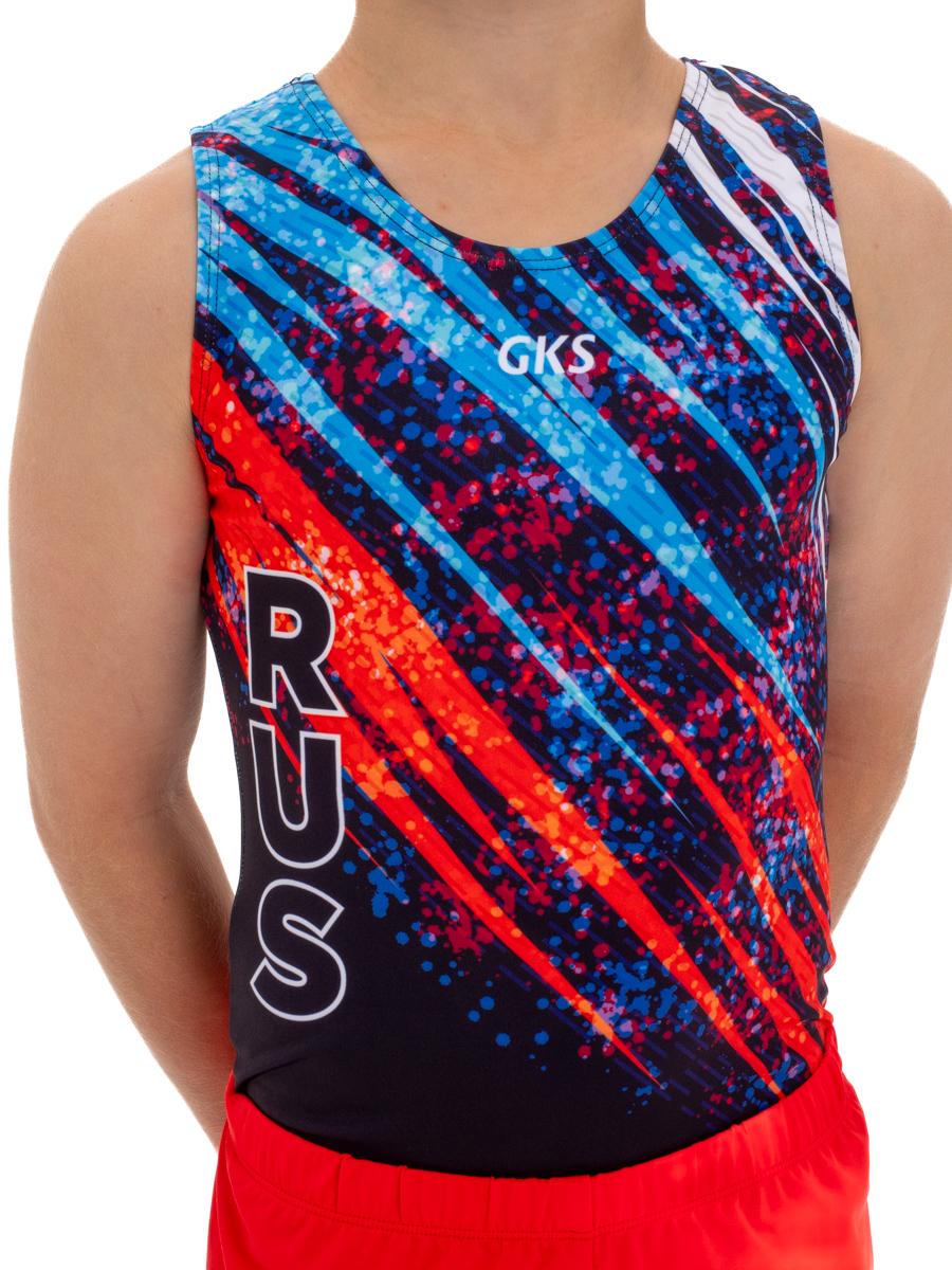 Купальник мужской для спортивной гимнастики GK Sport RUS 201-13 черный с красно-синим рисунком без рукава