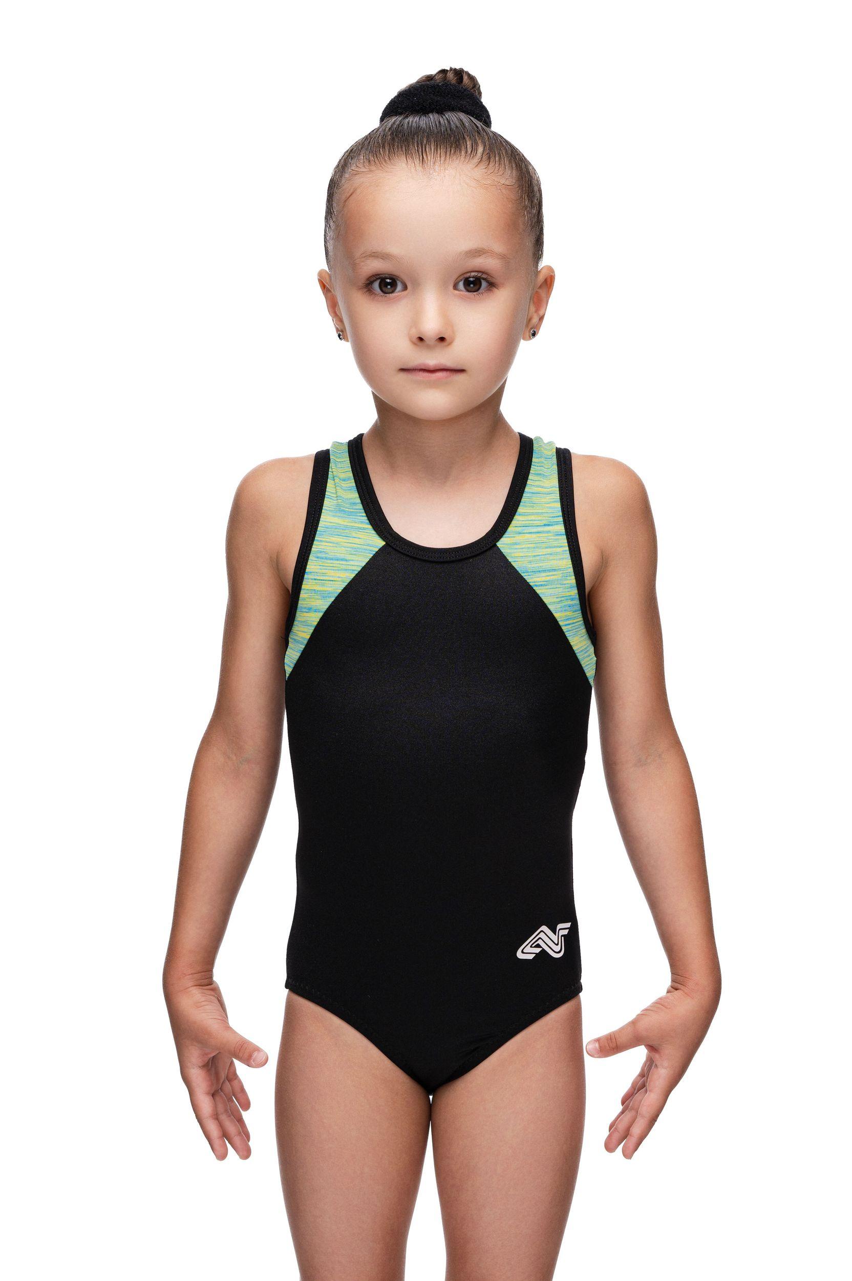 Купальник для спортивной гимнастики Alpha Factor 5413 черный с зелеными вставками на лямках без рукавов