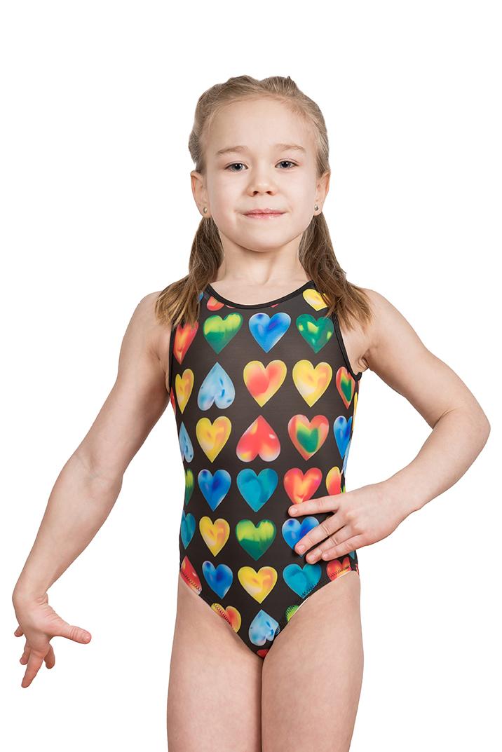 Купальник женский для спортивной гимнастики GK Sport 197 черный с цветными сердечками без рукава