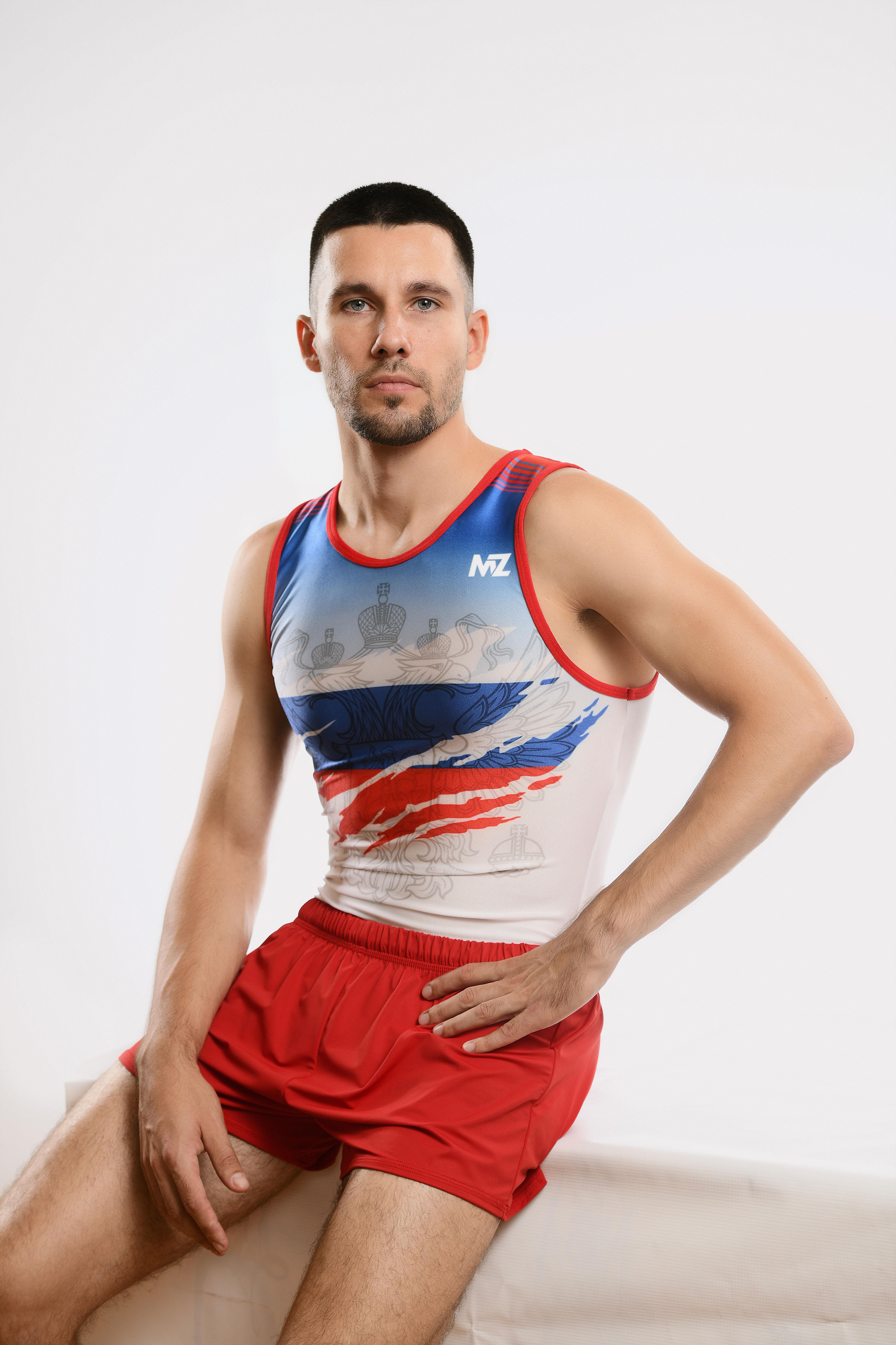 Купальник мужской для спортивной гимнастики GK Sport MZ 201-8 белый с красно-синим рисунком без рукава