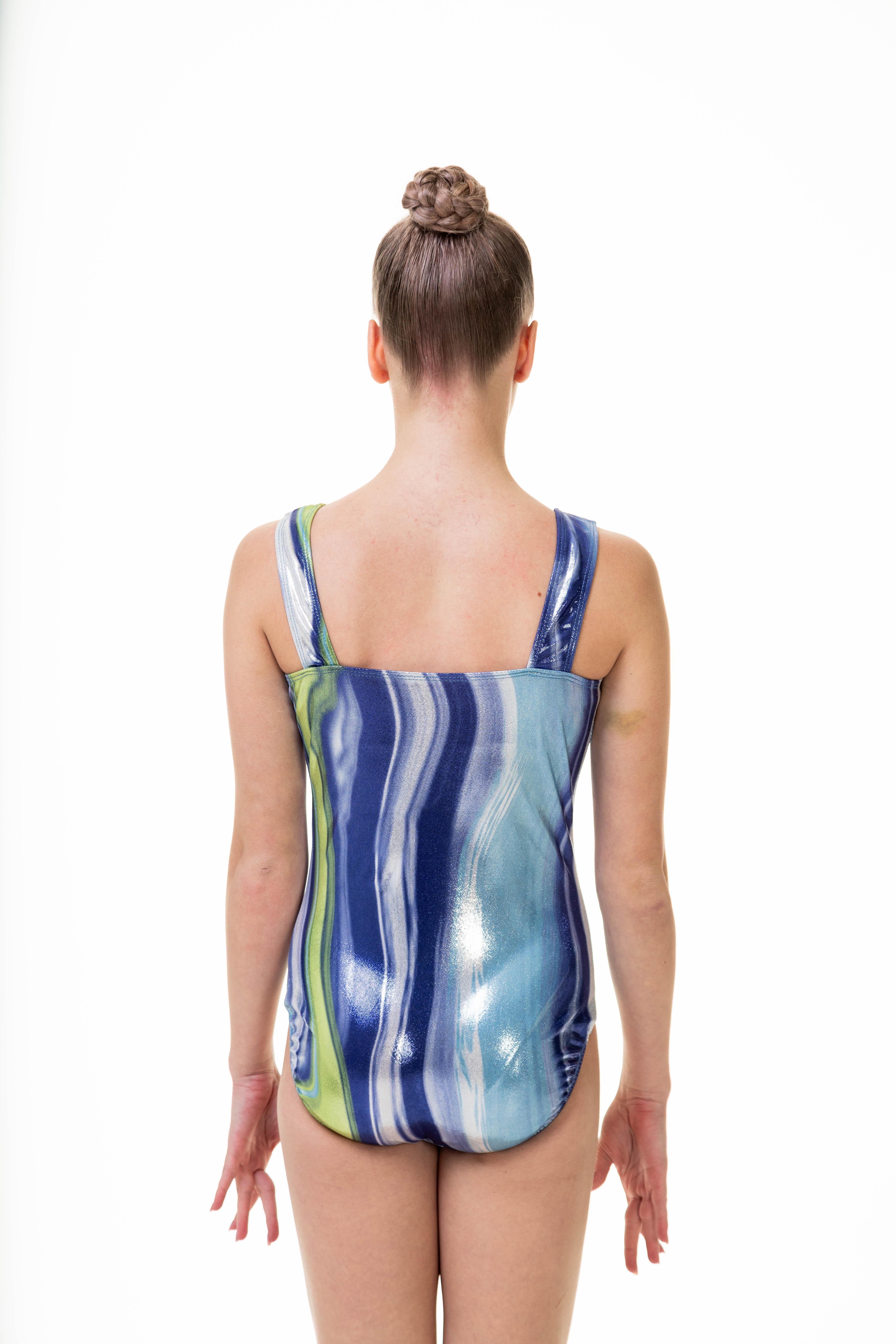 Купальник для спортивной гимнастики GK Elite 4152 без рукавов белый с фиолетово-зелеными полосками