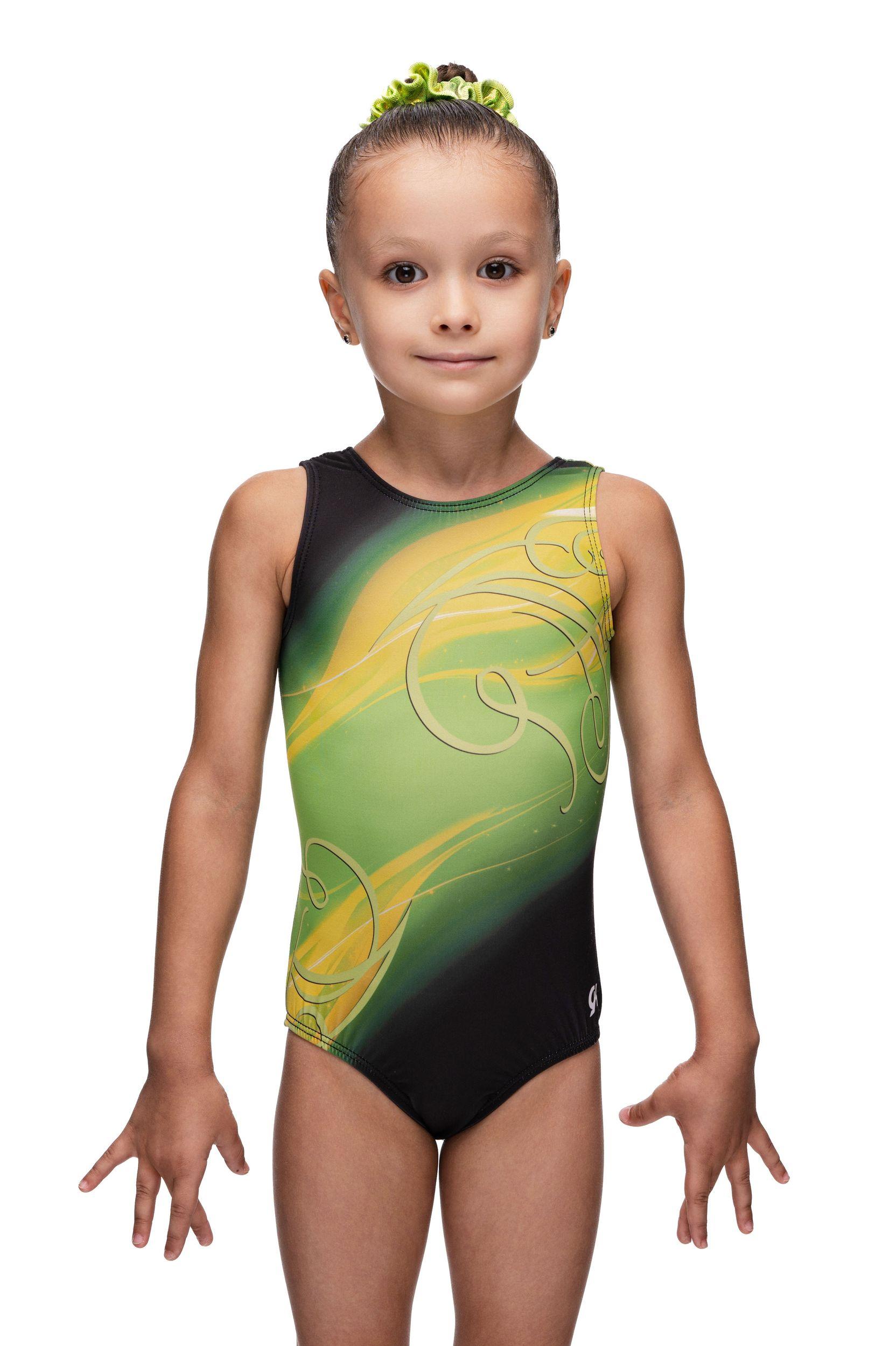 Купальник женский для спортивной гимнастики GK Elite E2662 черный с желтыми зеленым без рукава