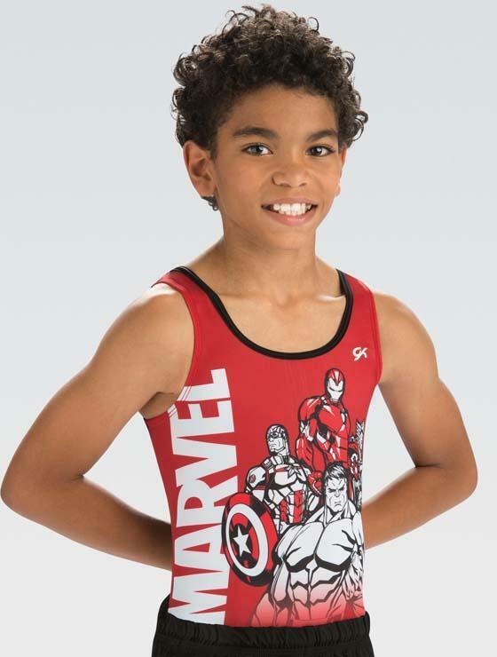 Купальник мужской для спортивной гимнастики GK Elite Marvel 05101 красный с принтом герои Марвел без рукава