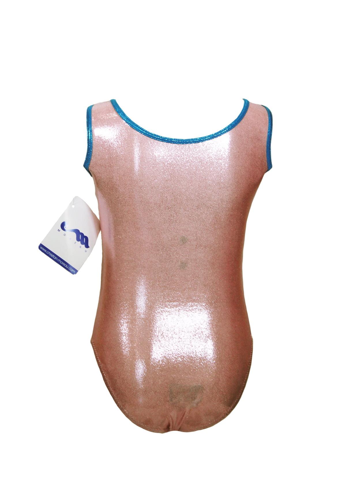 Купальник для спортивной гимнастики Christian Moreau 4282 бледно-розовый со стразами и синей окантовкой на лямках без рукава