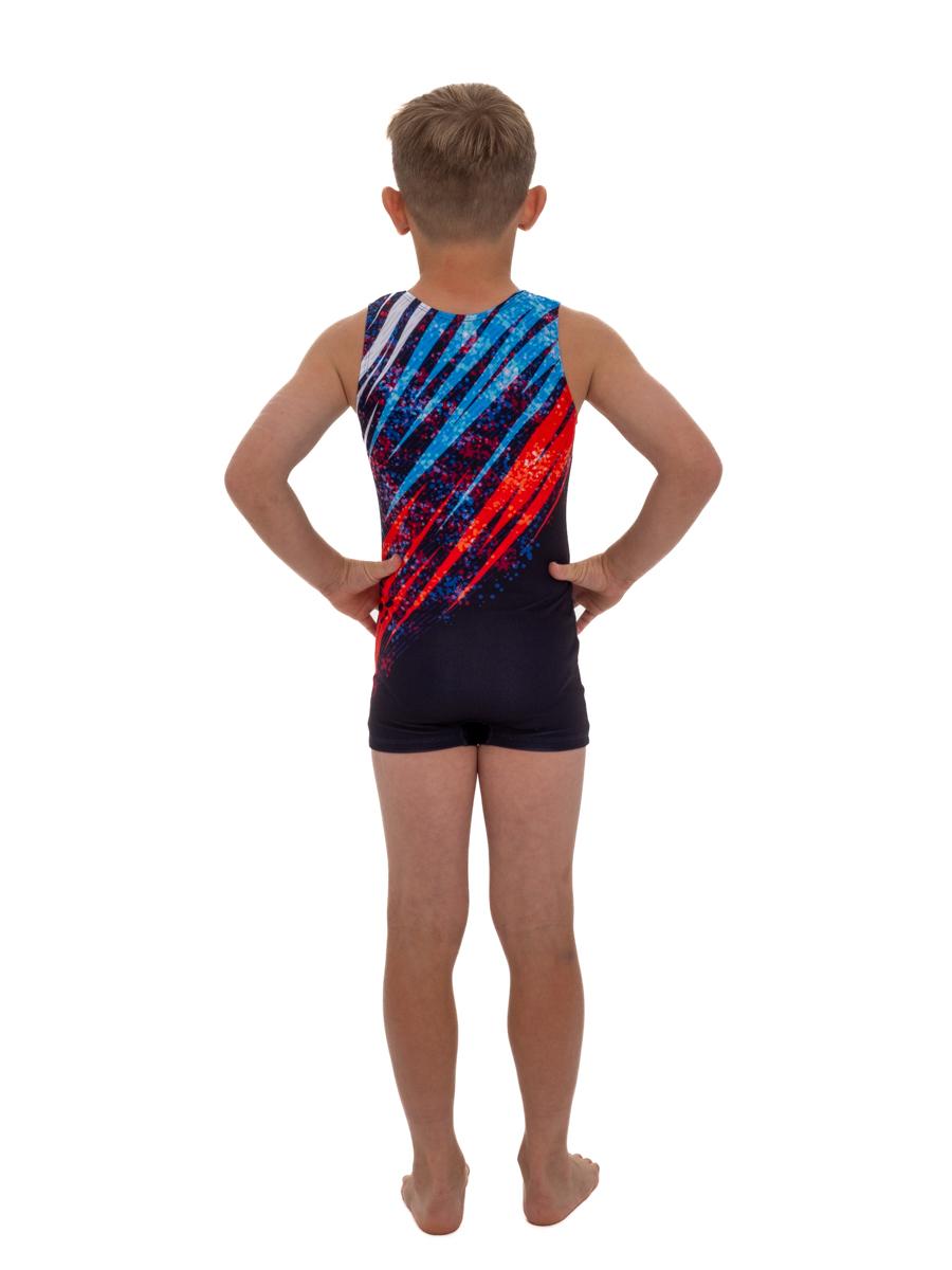 Купальник мужской для спортивной гимнастики GK Sport RUS 201-13 черный с красно-синим рисунком без рукава