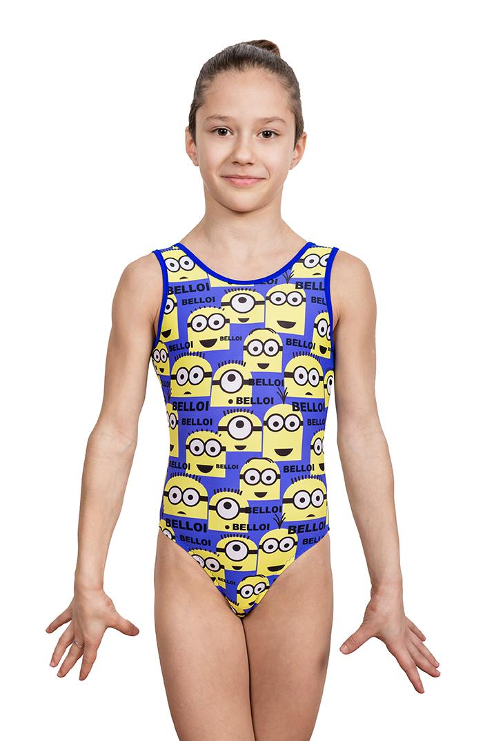 Купальник женский для спортивной гимнастики GK Sport 0192 синий с рисунком миньоны без рукава