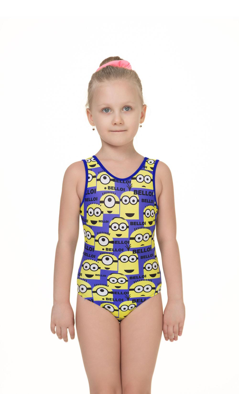 Купальник женский для спортивной гимнастики GK Sport 0192 синий с рисунком миньоны без рукава