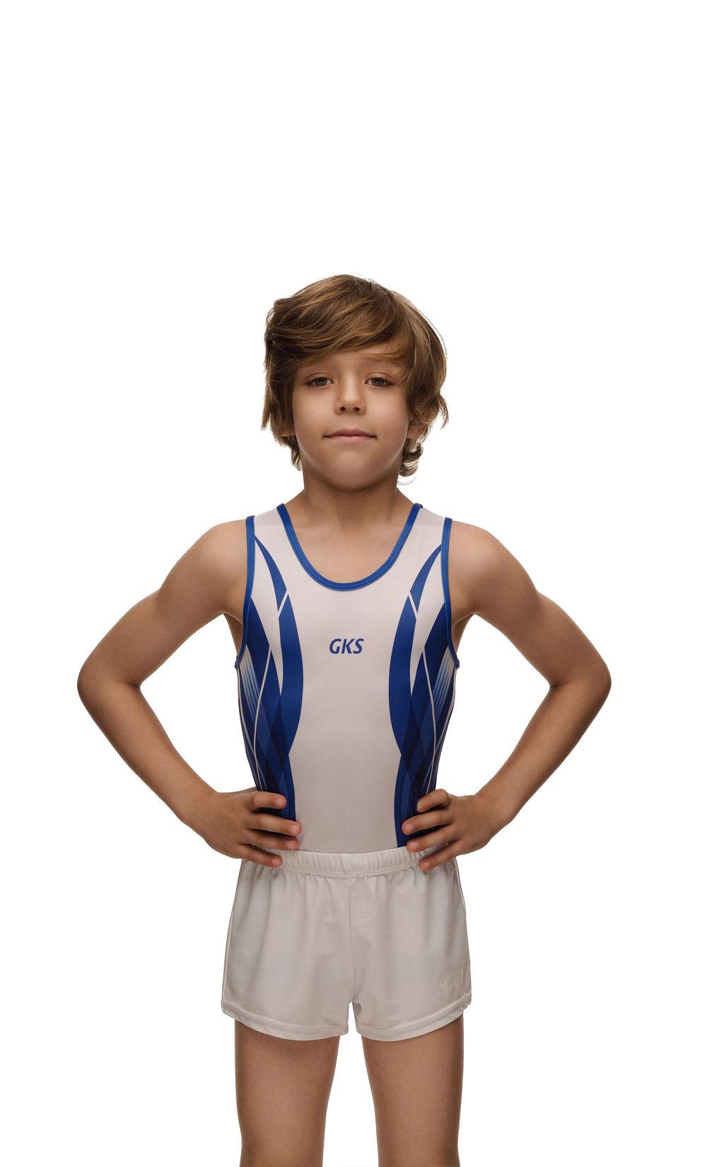 Купальник мужской для спортивной гимнастики GK Sport 201-16 белый с синим без рукава