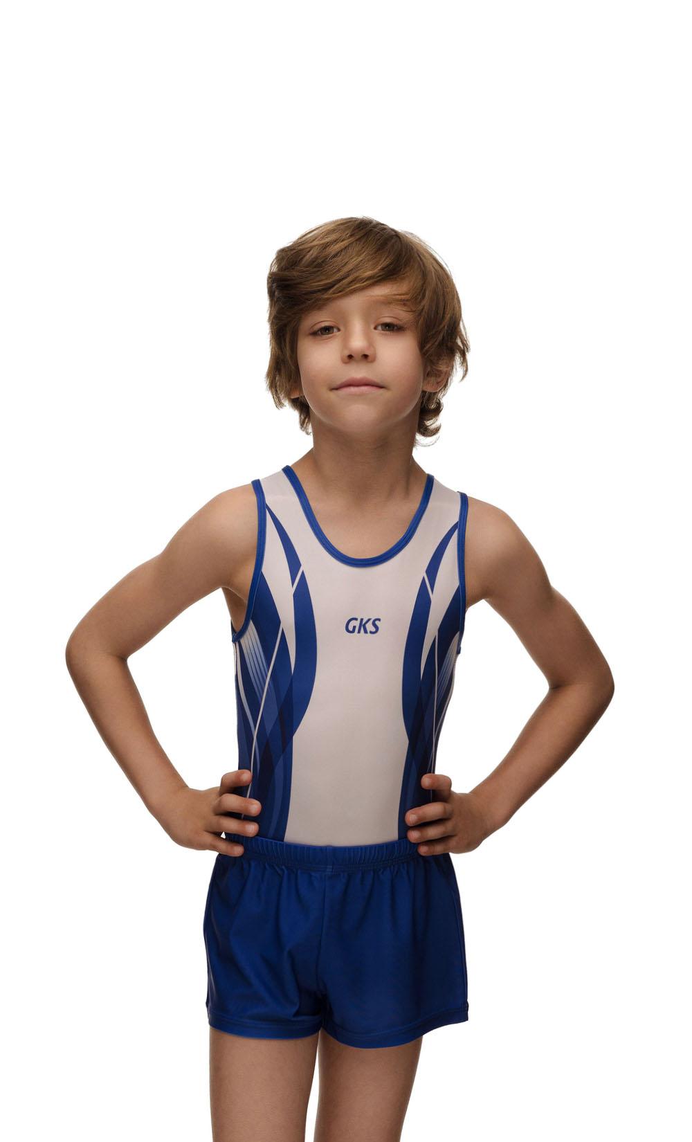 Купальник мужской для спортивной гимнастики GK Sport 201-16 белый с синим без рукава