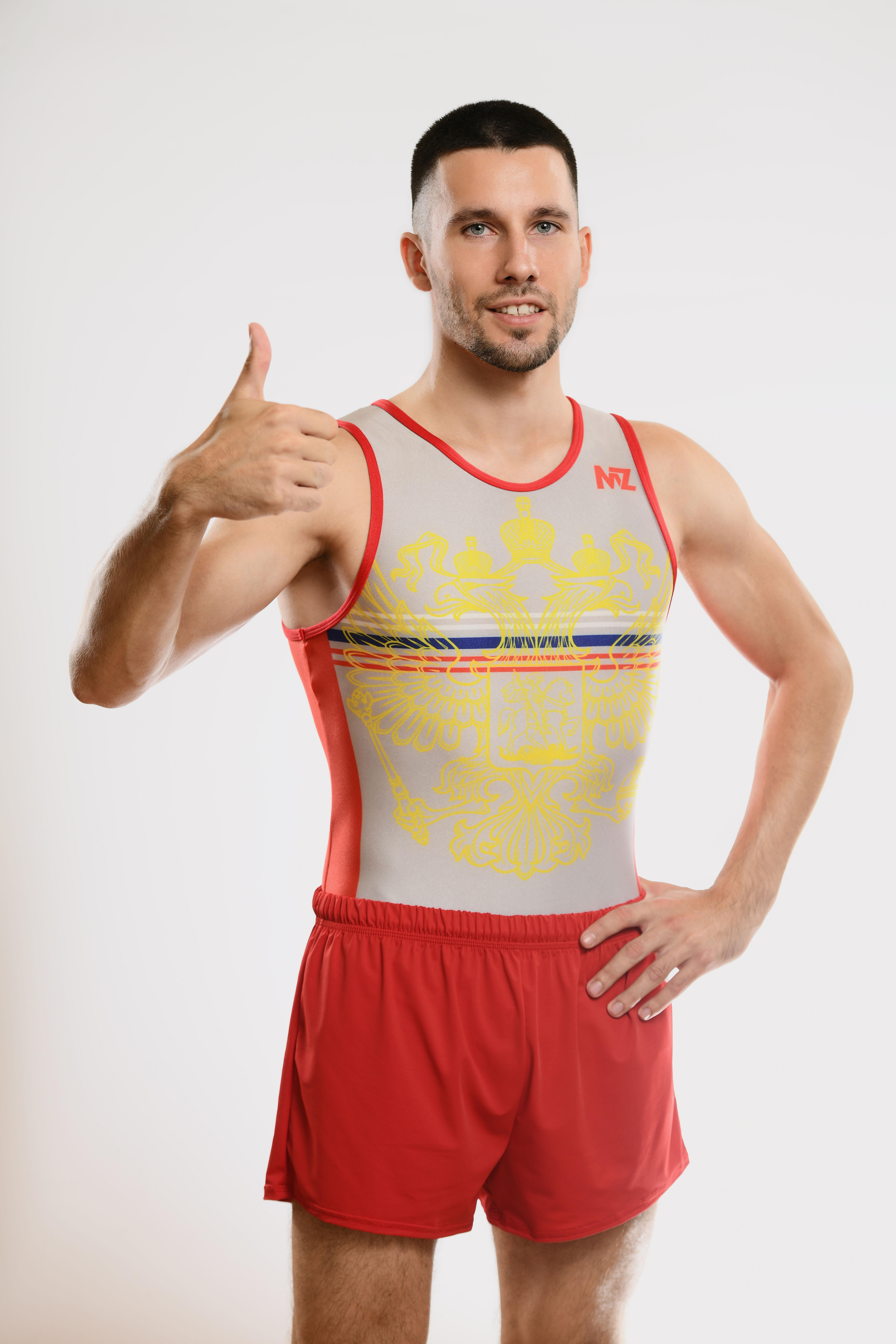 Купальник мужской для спортивной гимнастики GK Sport MZ 0201-6 белый с красным кантом без рукава