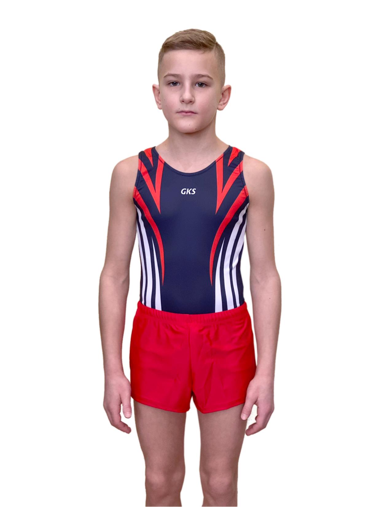 Купальник мужской для спортивной гимнастики GK Sport 201-19 темно-синий с красно-белыми полосками без рукава