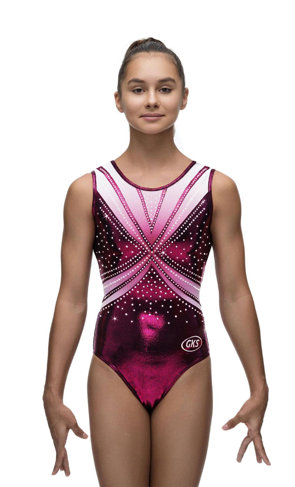 Купальник женский для спортивной гимнастики GK Sport RU-221 темно-бордовый с белым со стразами без рукава