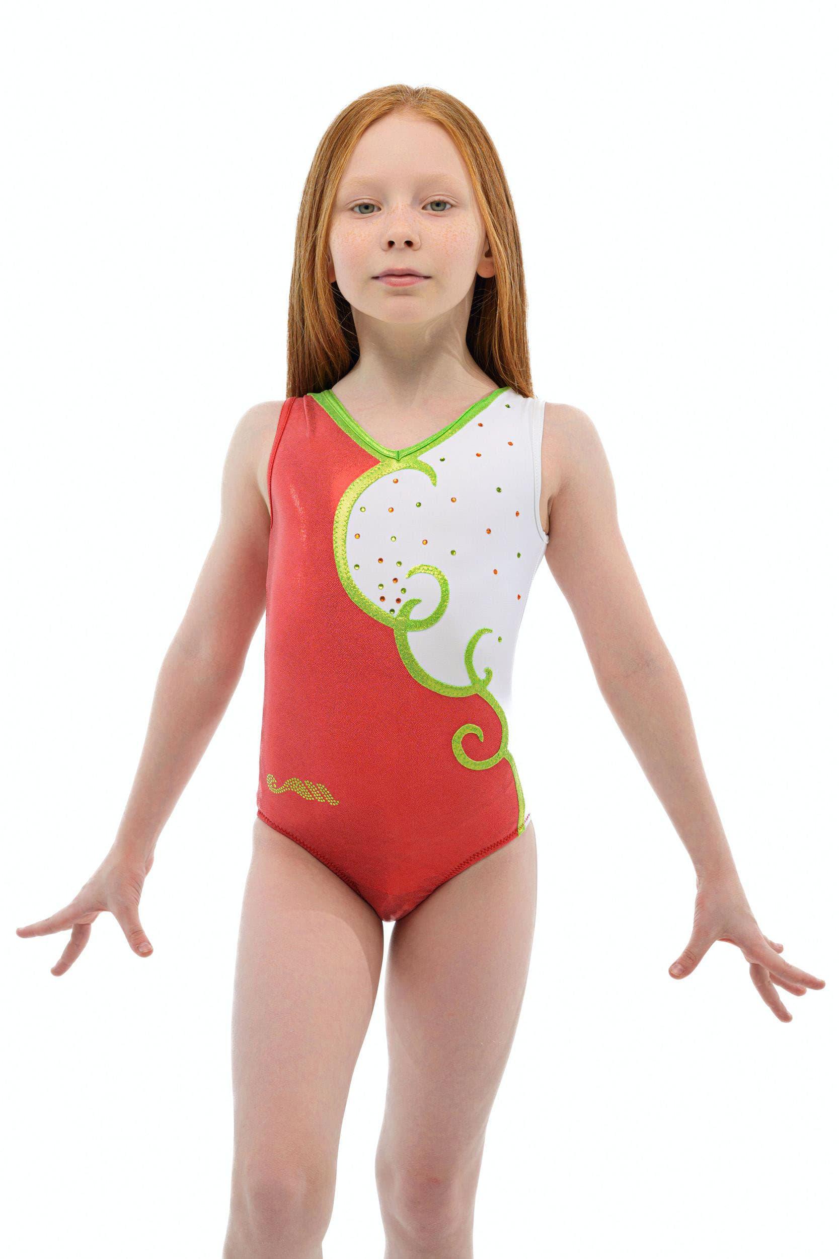 Купальник для спортивной гимнастики Christian Moreau 5206 оранжево-белый с зеленым рисунком без рукава