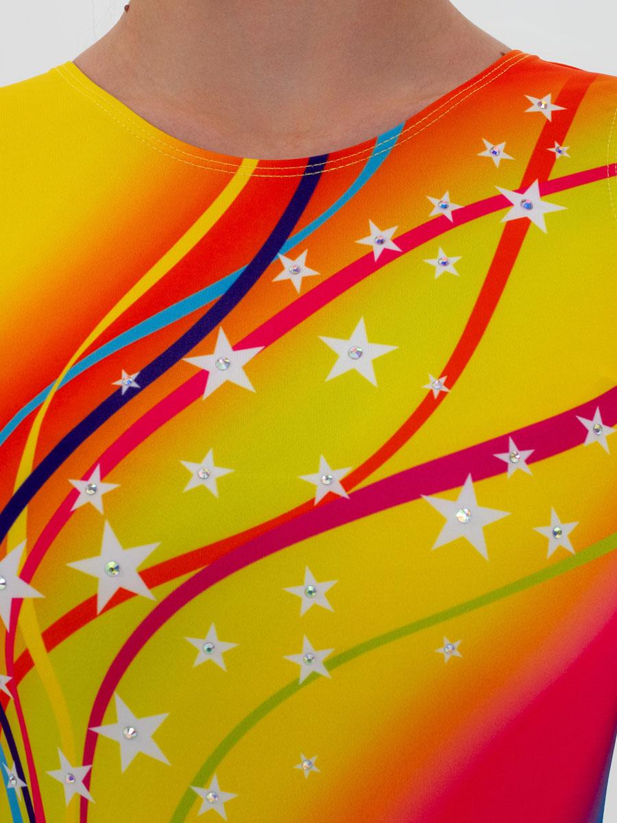 Купальник для спортивной гимнастики GKSport 0202-52 сине-красно-желтый со стразами  без рукава