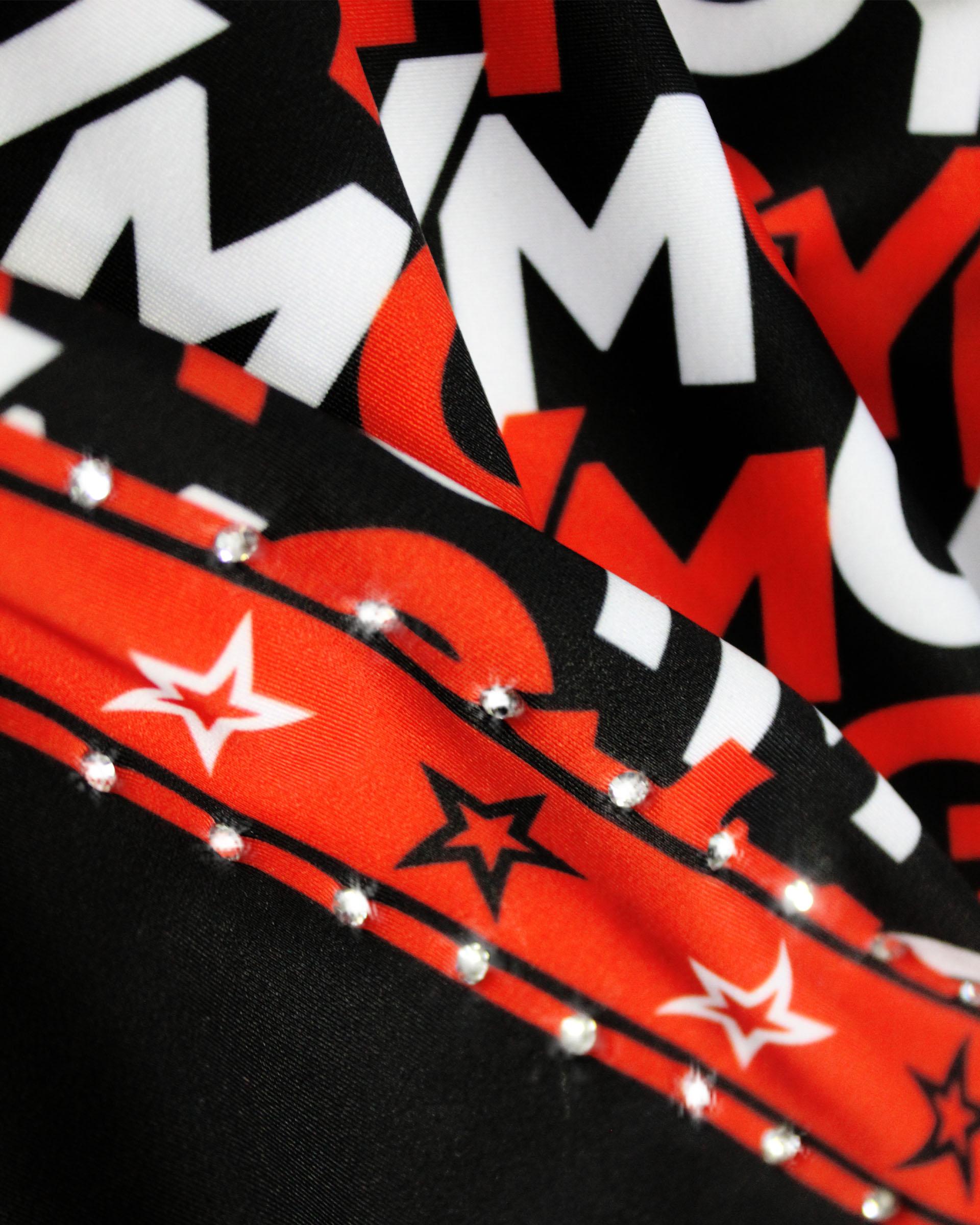 Купальник женский для спортивной гимнастики GK Sport 202-73 черный с красно-белым принтом со стразами без рукава