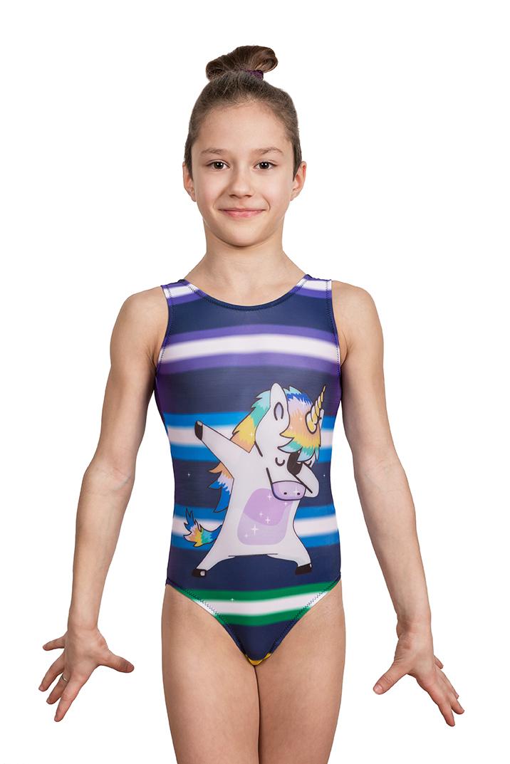 Купальник женский для спортивной гимнастики GK Sport 0200-9 Unicorn purple темно-фиолетовый с полосками и рисунком без рукава