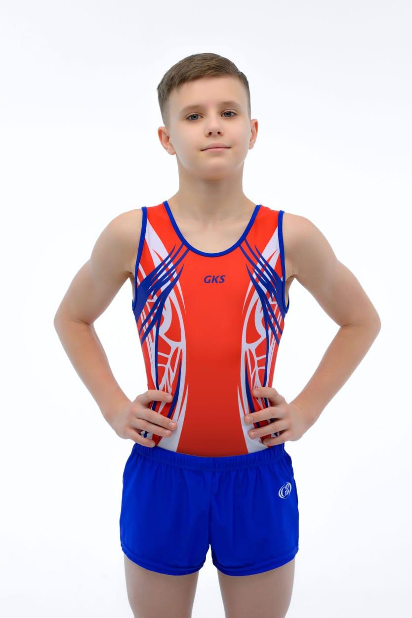 Купальник мужской для спортивной гимнастики GK Sport 202-23 красный с бело-синим рисунком без рукава
