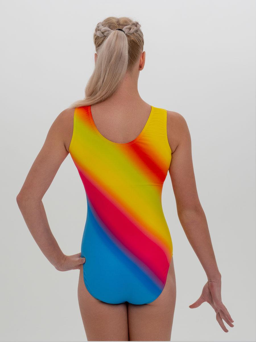 Купальник для спортивной гимнастики GKSport 0202-52 сине-красно-желтый со стразами  без рукава