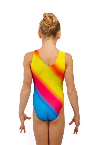 Купальник для спортивной гимнастики GKSport 0202-52 сине-красно-желтый со стразами  без рукава