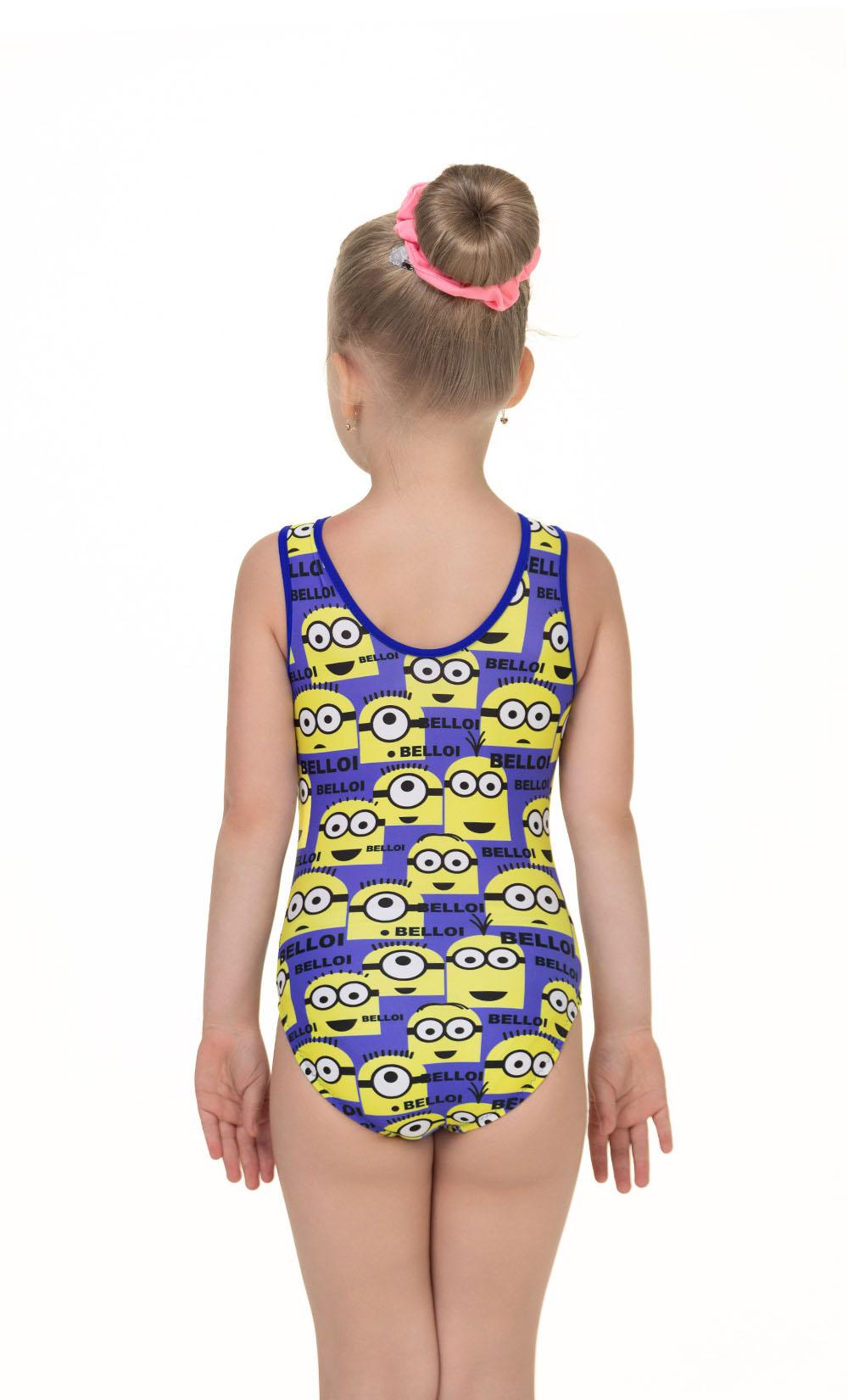 Купальник женский для спортивной гимнастики GK Sport 0192 синий с рисунком миньоны без рукава