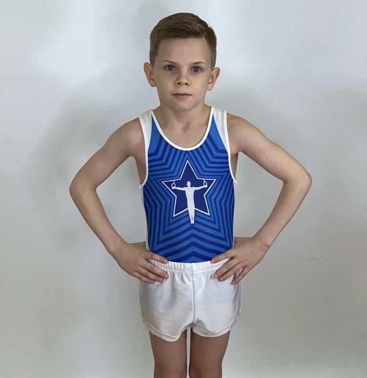 Купальник мужской для спортивной гимнастики GK Sport 201-2 Звездочка бело-голубой без рукава