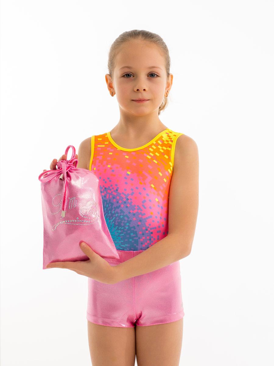 Купальник женский для спортивной гимнастики GK Sport 202-35 розовый с цветным рисунком без рукава