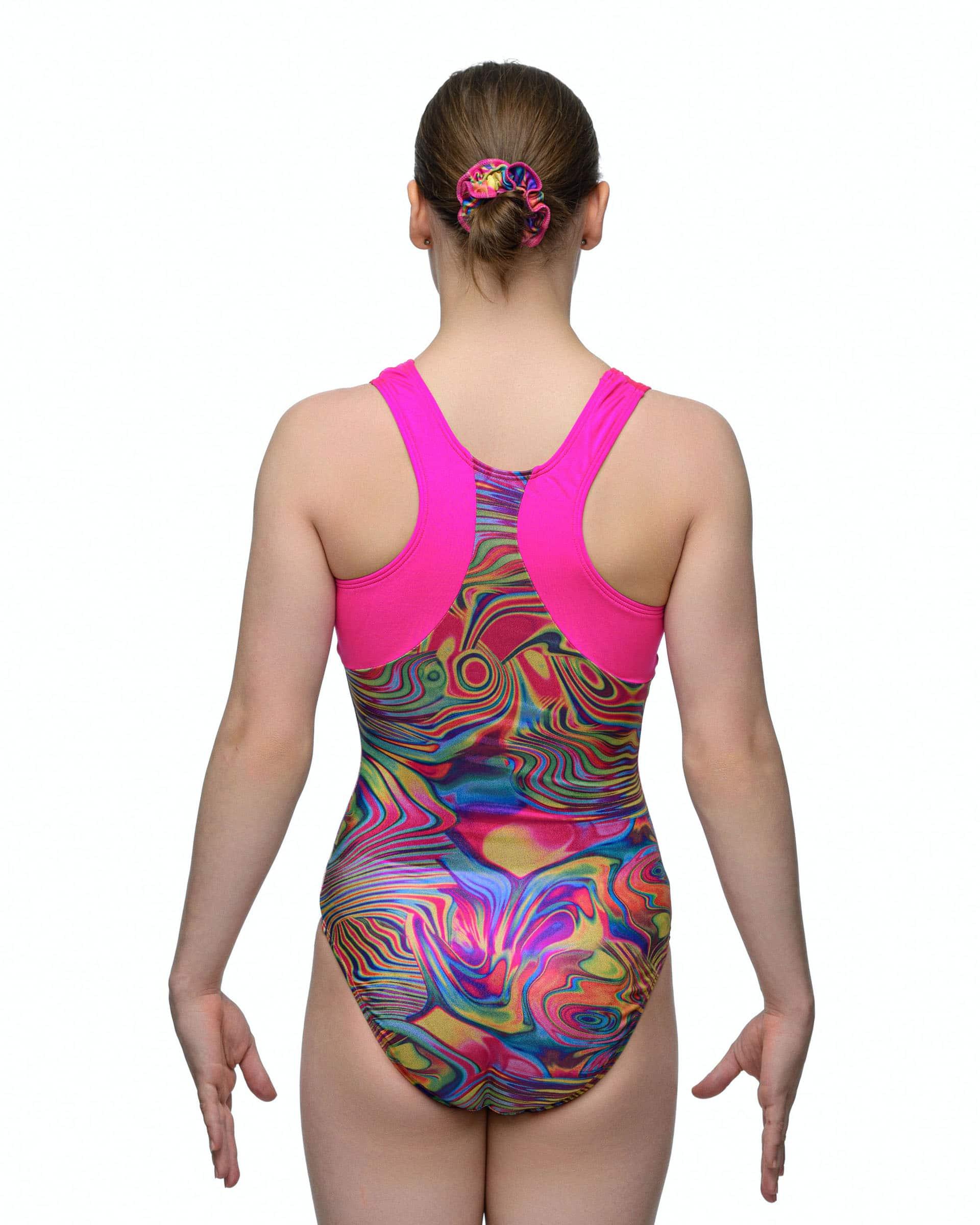 Купальник женский для спортивной гимнастики GK Elite 5518 розовый с принтом в розовых тонах без рукава