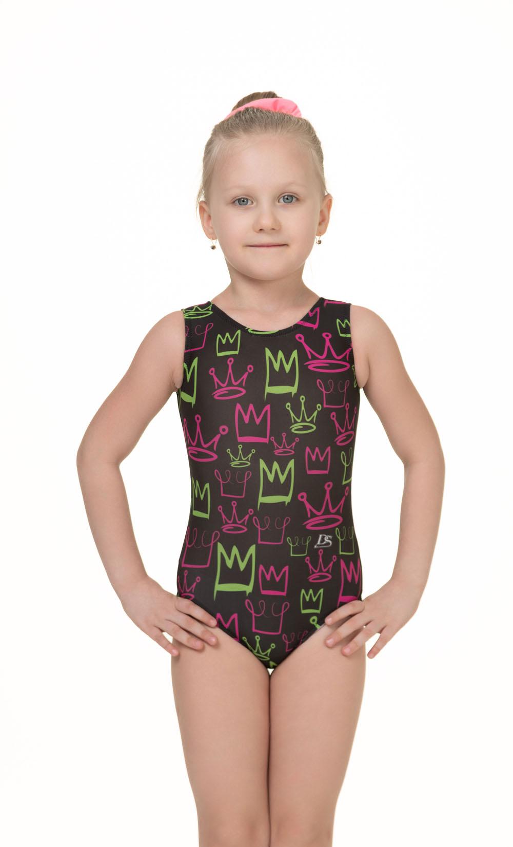 Купальник женский для спортивной гимнастики GK Sport DS 202-2 CROWN черный с цветным рисунком без рукава